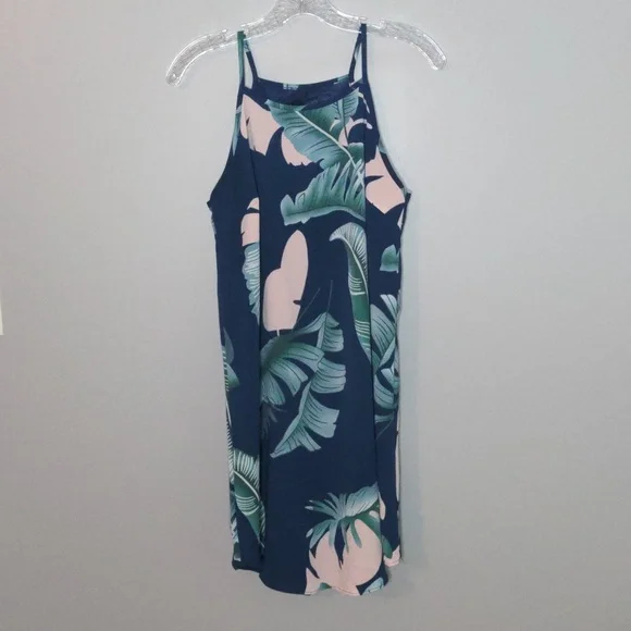 EUC✨medium high neck blue tropical print spaghetti strap dress - Picture 1 of 13